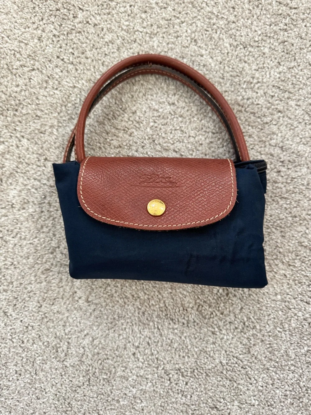 Longchamp Le Pliage Small Navy Tote with Brown Leather Trim Quiet Luxury Minimal